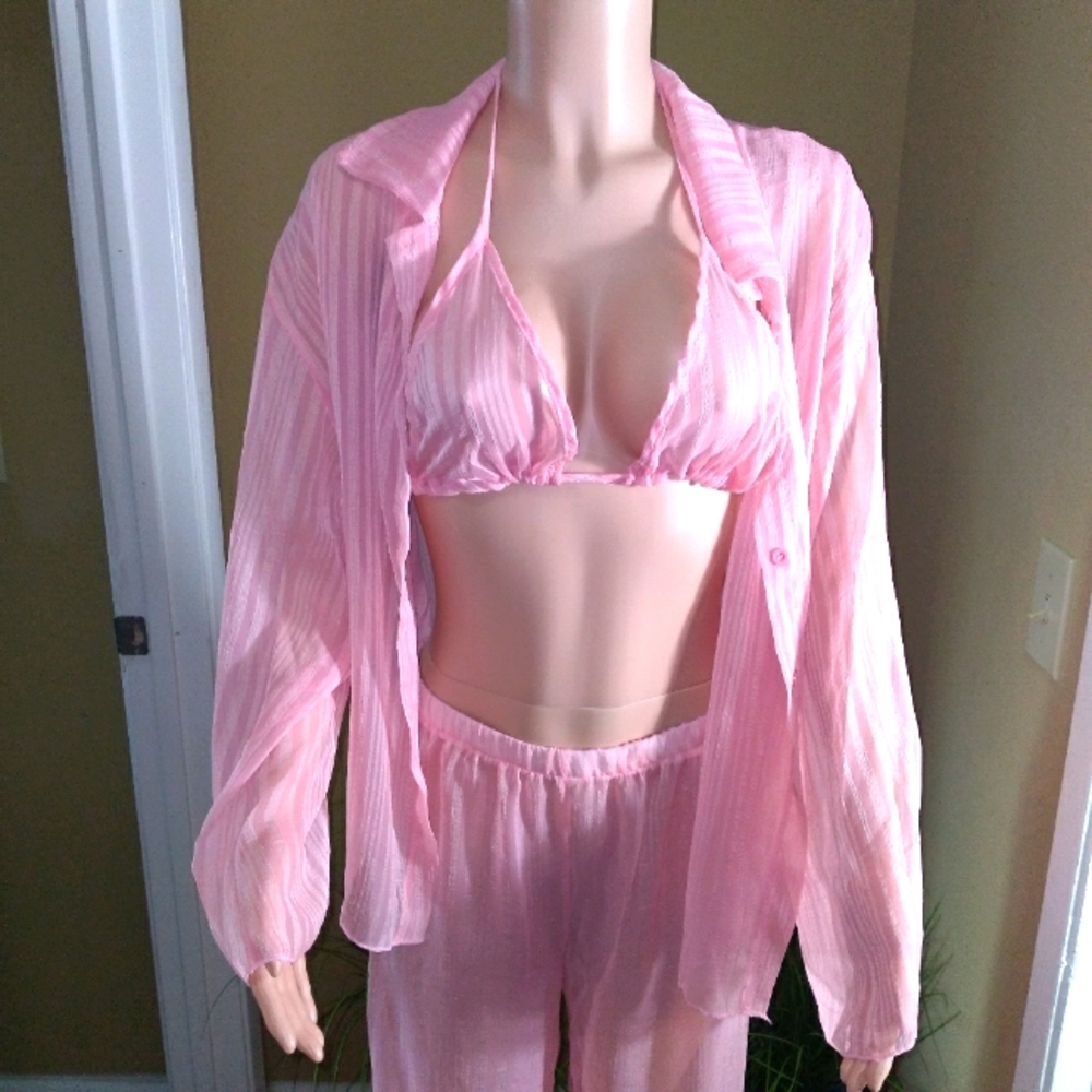 3 Piece Sheer Pink Sexy Swimsuit Pants Set - Picture 3 of 12